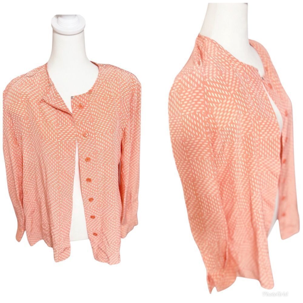 CARLISLE Silk Peachy Button Down 80s Blouse striped shoulder pads Vintage